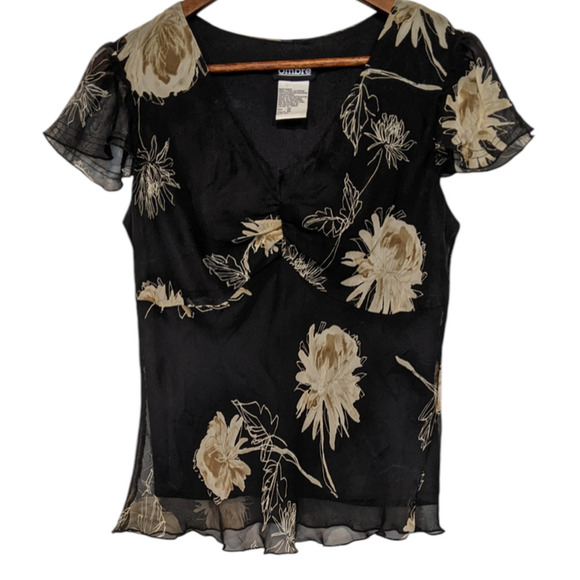 Ombre Tops - VTG 90s Floral Blouse Flutter Cap Sleeve 10  Sheer Overlay Whimsigoth Witchy Top